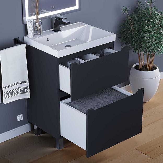 Тумба под раковину для ванной Uperwood Tanos, 60 см, напольная, черная матовая, 2 ящика фото 6