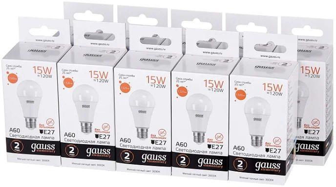 Лампа светодиодная Gauss Elementary 15Вт цок.:E27 груша 220B 3000K св.свеч.бел.теп. A60 (упак.:10шт) (23215) фото 2