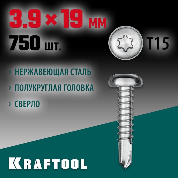 KRAFTOOL DS-P, 19 х 3.9 мм, А2, сверло, полукруглая головка, ТХ15, 750 шт, саморез нержавеющий (300931-39-019) фото 2