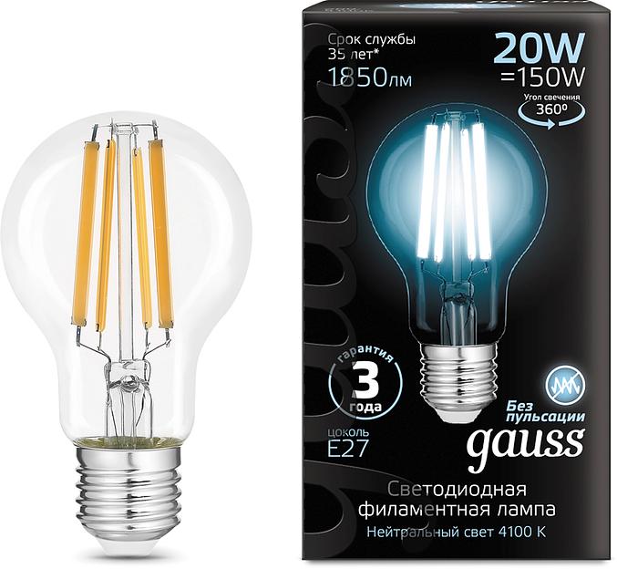 Лампа светодиодная Gauss Filament 102902220 20Вт цок.:E27 груша 220B св.свеч.бел.нейт. (упак.:10шт) фото 1