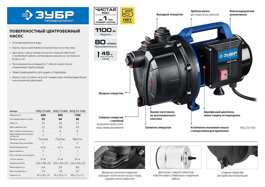 ЗУБР 800 Вт, поверхностный (садовый) центробежный насос, Профессионал (НПЦ-Т3-800) фото 10