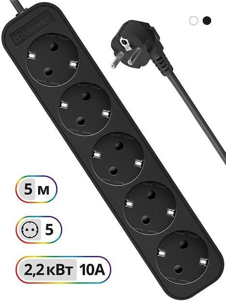 Сетевой удлинитель Defender M550 5м (5 розеток) черный (коробка) фото 5