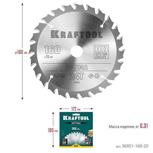KRAFTOOL Optima, 160 х 20 мм, 24Т, пильный диск по дереву (36951-160-20) фото 6