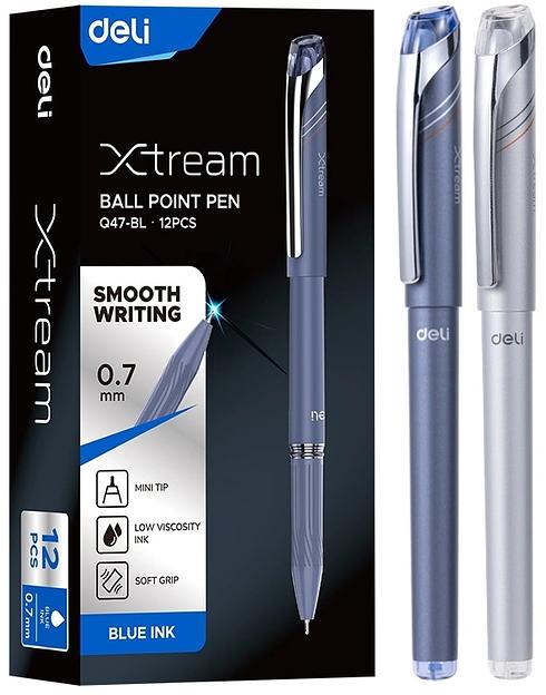 Ручка шариков. Deli Xtream (EQ47-BL) d=0.7мм син. черн. карт.уп. игловидный пиш. наконечник резин. манжета чернила пониженной вязкости фото 1