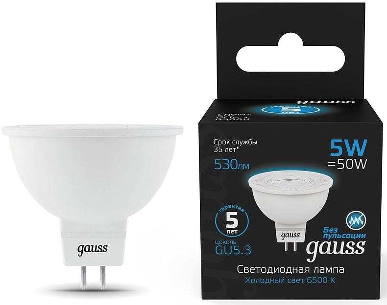 Лампа светодиодная Gauss 101505305 5Вт цок.:GU5.3 рефлек. 220B 6500K св.свеч.бел.хол. (упак.:10шт) фото 1