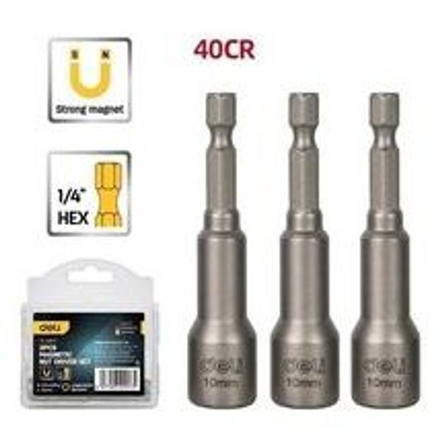 Набор магнитных бит с торцевой головкой 3шт Deli DL4810T 10мм, длина 65мм, сталь 40Cr, пласт. кейс фото 1