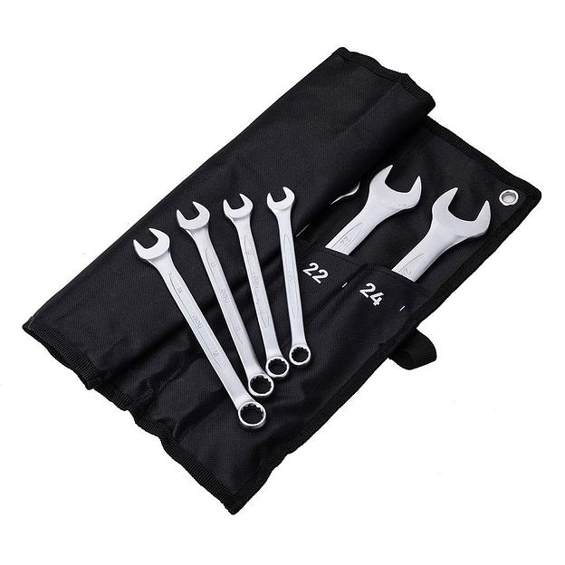 Ключи Deli Набор комбинированных гаечных ключей 12 шт Deli DL130012A размеры 6,8,10,11,12,13,14,15,17,19,22,24мм, матовая хромированная поверхность, чехол из ткани Оксфорд фото 2