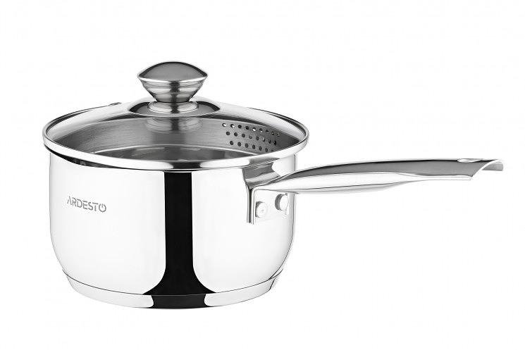 Ковш Ardesto Gemini Lecco с носиком для слива  стекл. крышка  1 8 л  нержавеющая сталь AR2818SS фото 1