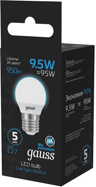 Лампа светодиодная Gauss 105102310 9.5Вт цок.:E27 шар 220B 6500K св.свеч.бел.хол. (упак.:10шт) фото 3