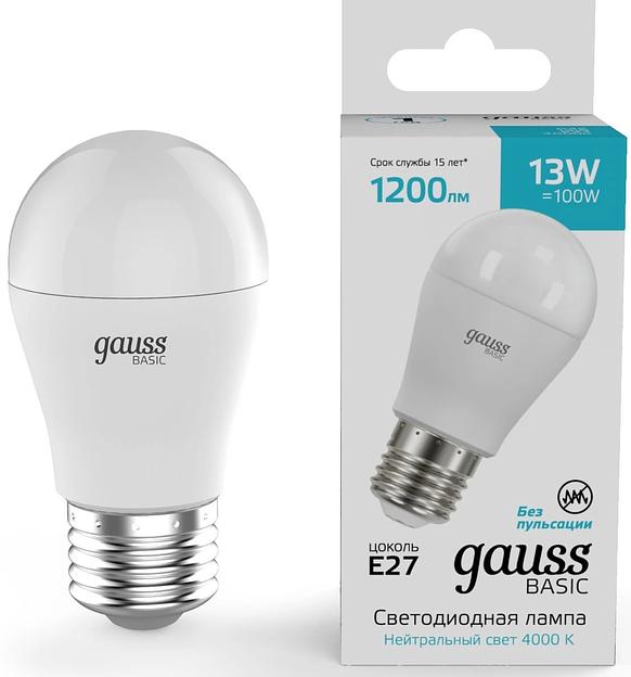 Лампа светодиодная Gauss Basic 13Вт цок.:E27 шар св.свеч.бел.нейт. (10502232) фото 1