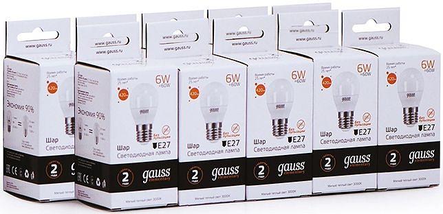 Лампа светодиодная Gauss Elementary 6Вт цок.:E27 шар 220B 3000K св.свеч.бел.теп. (упак.:10шт) (53216) фото 2