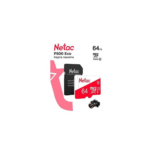 Карта памяти microSDXC UHS-I U1 NETAC P500 Eco 64 ГБ, 80 МБ/с, Class 10, NT02P500ECO-064G-R, 1 шт., с адаптером фото 1