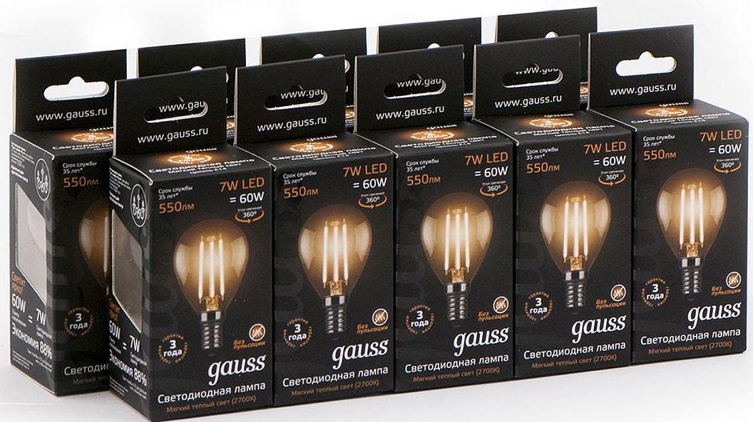 Лампа светодиодная Gauss 7Вт цок.:E14 шар 220B 2700K св.свеч.бел.теп. P45 (упак.:1шт) (105801107) фото 3