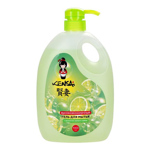 Высокоэкономичный гель Kensai для мытья посуды и детских принадлежностей с ароматом лайма, флакон с дозатором 1000 мл, опт фото 1