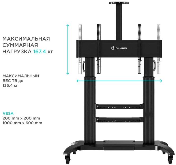 Подставка для телевизора Onkron TS2811 черный 60"-100" макс.147.8кг напольный мобильный фото 6