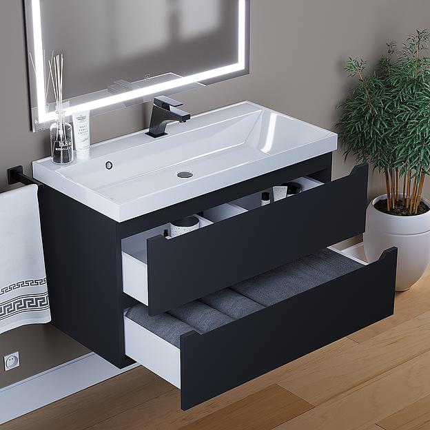 Тумба с раковиной для ванной Uperwood Tanos 90 см, подвесная, матовая, черная фото 3