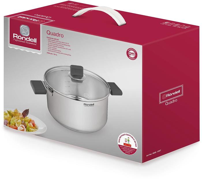 Кастрюля Rondell Quadro RDS-1597 5.1л. d=24см (с крышкой) стальной фото 5