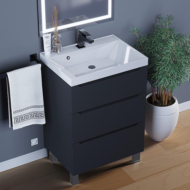 Тумба под раковину для ванной Uperwood Tanos 60 см, напольная, черная матовая, 3 ящика фото 2