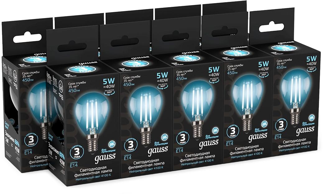 Лампа филам. Gauss Filament 5Вт цок.:E14 свеча 220B св.свеч.бел.нейт. (упак.:10шт) (105801205) фото 3