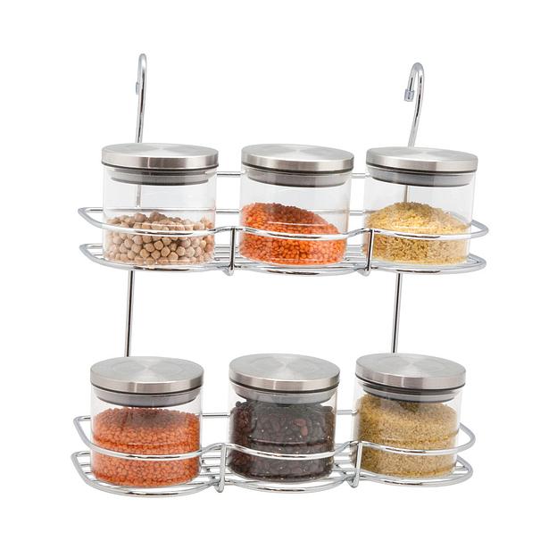 Полка двухъярусная с емкостями для специй из 6 шт (360х120х360мм), хром фото 1