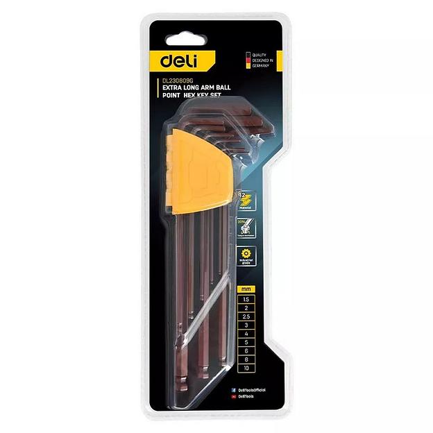 Ключ Deli Набор шестигранных ключей с шаром сверхдлинных Deli DL230809G 9 шт Cr-V, размеры 1,5,2,2,5,3,4,5,6,8,10мм, пластиковый держатель фото 3