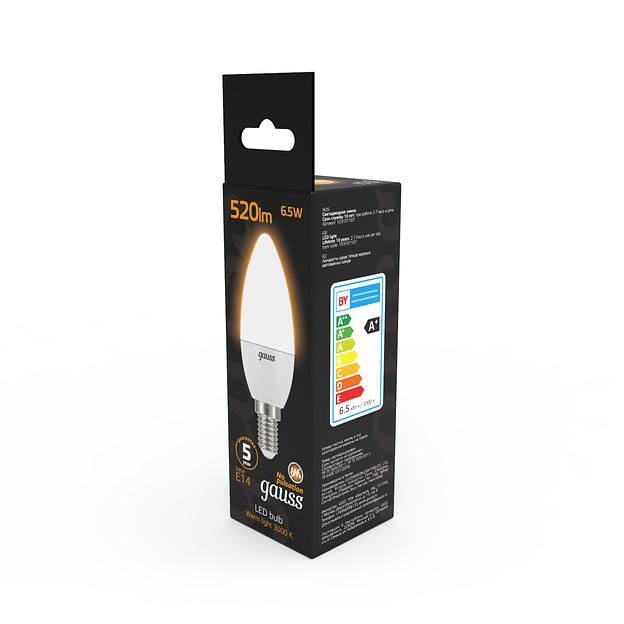 Лампа светодиодная Gauss 6.5Вт цок.:E14 свеча 220B 3000K св.свеч.бел.теп. 35-C (упак.:1шт) (103101107) фото 5