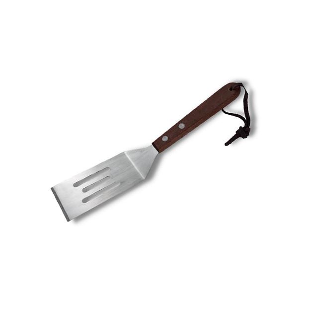 Лопатка 20,5 см. изогнутая раб.часть 8*4 см. нерж. перфорир. узкая с дерев. ручкой MGsteel /1/6/ фото 1