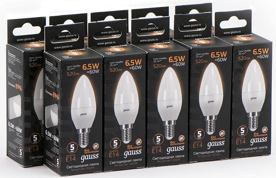 Лампа светодиодная Gauss Black 6.5Вт цок.:E14 свеча 220B 3000K св.свеч.бел.теп. C37 (упак.:10шт) (103101107) фото 6