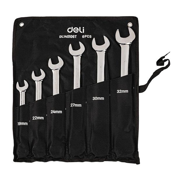 Ключи Deli Набор комбинированных ключей с трещоткой 6 шт Deli DL140106T (размеры 19,22,24,27,30,32мм, сталь 40Cr, трещотка 50BV30 72 зуба, чехол из ткани Оксфорд) фото 1
