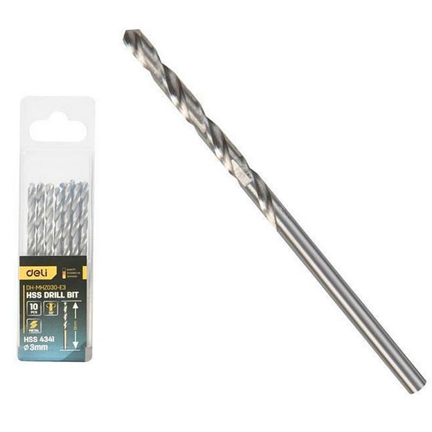 Набор сверл по металлу (3мм, 10 шт) Deli DH-MHZ030-E3 сталь HSS 4341, угол заточки 118 град, пласт. кейс фото 1