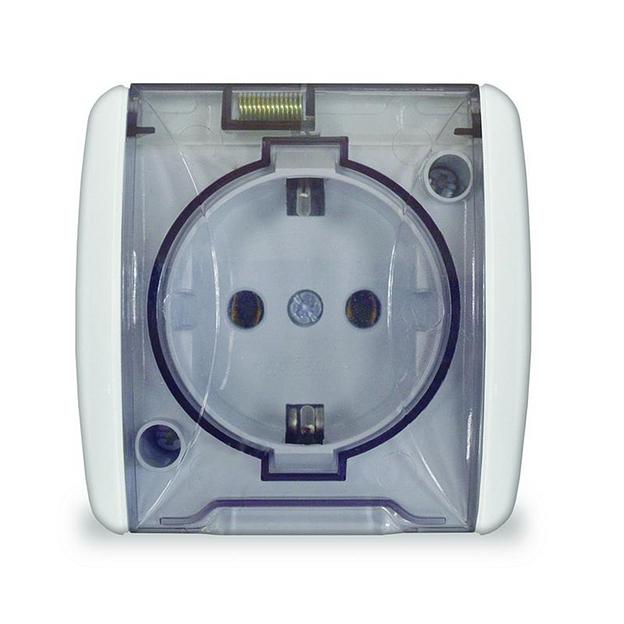 Розетка 1-м ОП Клио 16А IP44 с заземл. с прозр. крышкой бел. UNIVersal К2229 фото 1