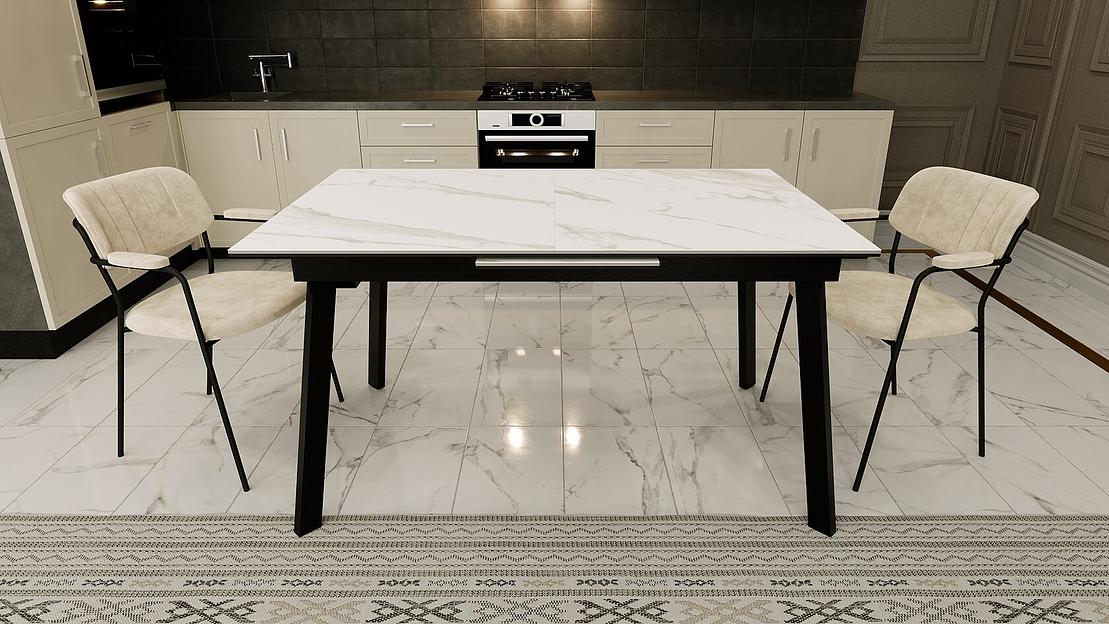 Стол Zeus тип 1, 140(+40)x90 см чёрный муар, керамика белый мрамор фото 1