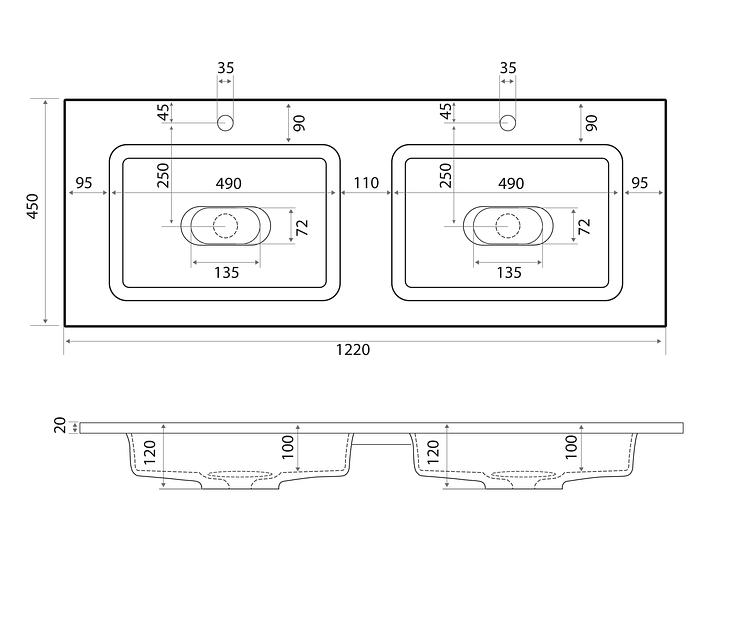 Раковина для ванной полувстраиваемая двойная Uperwood Modul 120 см, белая глянцевая фото 8