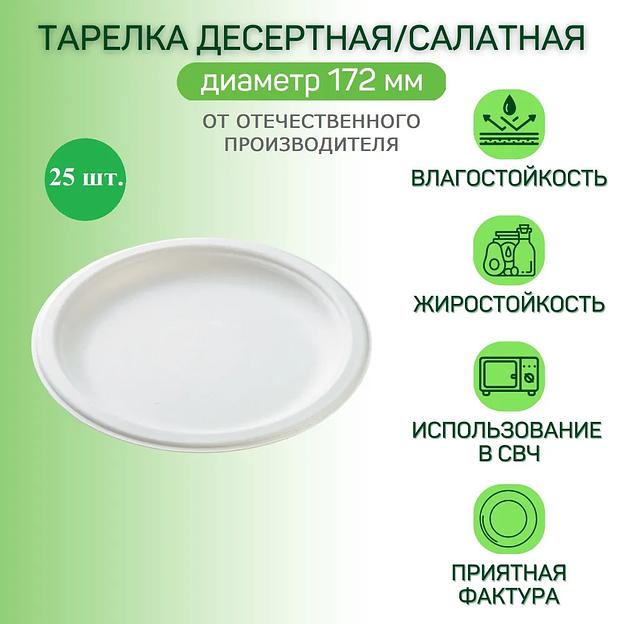 Тарелка круглая одноразовая ЭкоПак из древесной целлюлозы (биоразлагаемая) 172 мм для холодных и горячих блюд, белый 25 шт фото 1