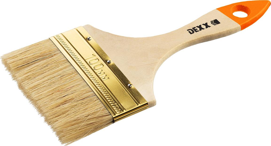 DEXX 100 мм, 4″, натуральная щетина, деревянная ручка, флейцевая, все виды ЛКМ, плоская кисть (0100-100) фото 1
