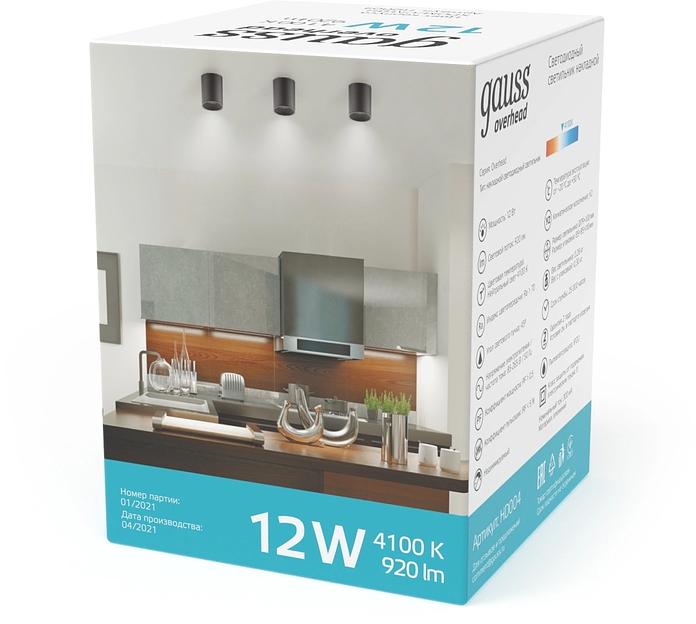 Светильник светодиодный накладной LED ДПО 12 Вт 920 Лм 4100К IP20 d79х100 мм монт d79 мм Overhead Gauss Gauss HD007 фото 4