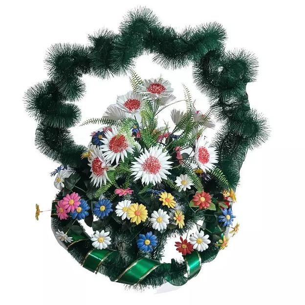 Корзина ритуал. Огромная с пласт. цветами 66x90см фото 1