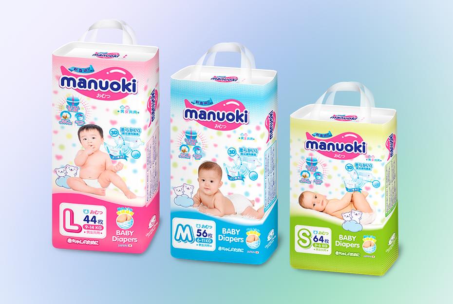 Подгузники Manuoki «Ultra Slim Diapers» размер S (3-6 кг) 64 шт фото 2