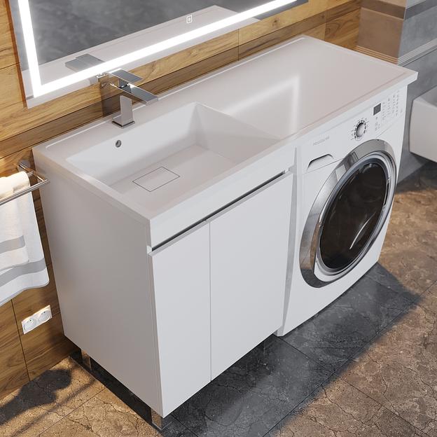 Тумба под стиральную машину с раковиной Uperwood Magenta 60/120 см, напольная, белая/графит, с дверцами, левая фото 5