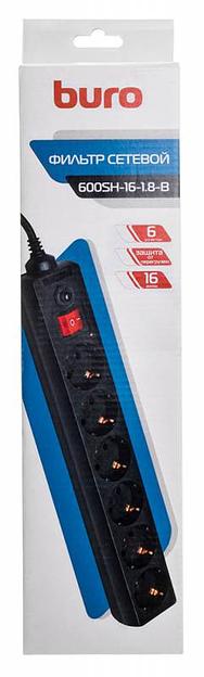 Сетевой фильтр Buro 600SH-16-1.8-B 1.8м (6 розеток) черный (коробка) фото 4