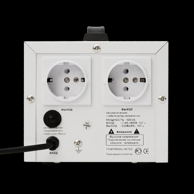 Стабилизатор POWERMAN AVS 500D, ступенчатый регулятор, цифровые индикаторы уровней напряжения, 500ВА, 140-260В, максимальный входной ток 5А, 2 евророзетки, IP-20, напольный, 200мм х 150мм х 140мм, 2,3 кг. POWERMAN AVS 500D фото 3