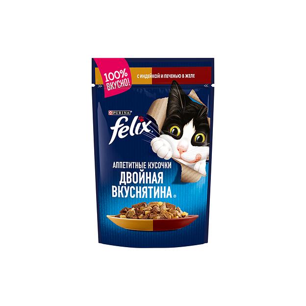 Влажный корм для кошек Felix® Аппетитные кусочки Двойная вкуснятина в желе с индейкой и печенью, 85 г фото 1