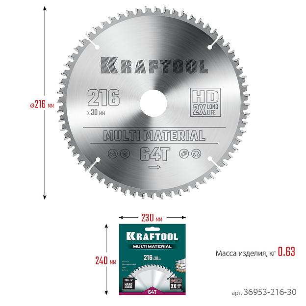 KRAFTOOL Multi Material, 216 х 30 мм, 64Т, пильный диск по алюминию (36953-216-30) фото 6