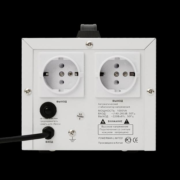Стабилизатор POWERMAN AVS 1000D, ступенчатый регулятор, цифровые индикаторы уровней напряжения, 1000ВА, 140-260В, максимальный входной ток 7А, 2 евророзетки, IP-20, напольный, 200мм х 150мм х 140мм, 2,3 кг. POWERMAN AVS 1000D фото 3