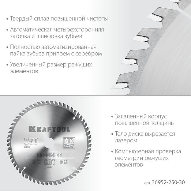 KRAFTOOL Precision, 250 х 30 мм, 60Т, пильный диск по дереву (36952-250-30) фото 4