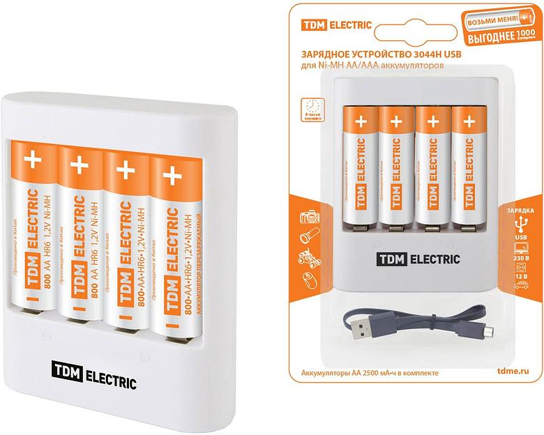 Зарядное устройство 3044Н (300 mA 4 слота АА/ААА 2 кан.+4xAA2500 USB) TDM фото 1
