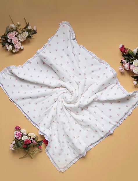 Плед для новорожденных муслиновый одеяло в кроватку, белый\розовый, пион фото 1