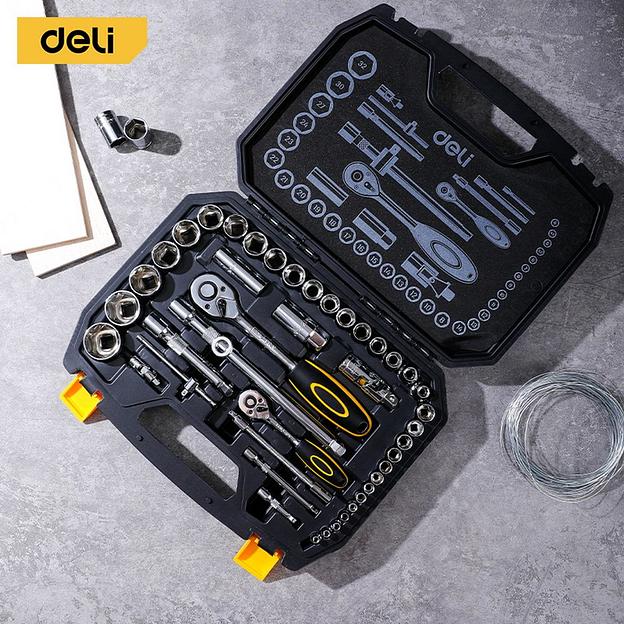 Набор торцевых головок и ключей 44 предмета Deli DL1044 1/2"+1/4", сталь Cr-V, комплектация: торцевые головки (1/4" 4-14мм, 1/2" 8-32мм), 10 удлинительных/соединительных стержней, трещотки 1/4" и 1/2" 45 зубьев, пластиковый кейс фото 3