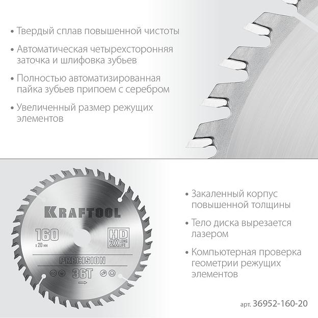 KRAFTOOL Precision, 160 х 20 мм, 36Т, пильный диск по дереву (36952-160-20) фото 4