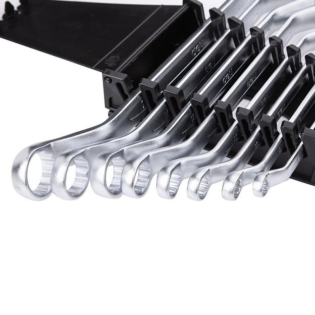 Ключи Deli Набор накидных изогнутых гаечных ключей 8 шт Deli DL150008A размеры 6x7, 8x9, 10x11, 12x13, 14x15, 16x17, 18x19, 20x22 мм, матовая хромированная поверхность, пластиковый кейс фото 5